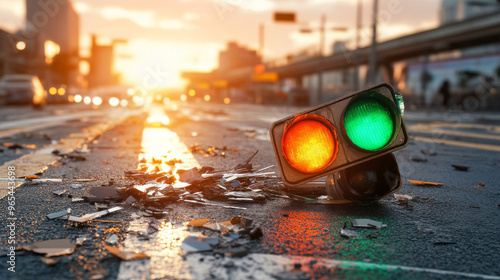 A broken traffic signal lying in road after an accident, surrounded by shattered glass and illuminated by warm glow of sunset. scene evokes sense of chaos and urgency