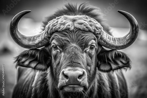 Giant horns sway regally above a shaggy coat, the buffalo's stern face a testament to the harsh beauty of the American wilderness frontier.