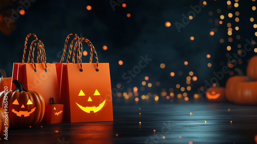 granatowe tło, baner z pomarańczowymi światełkami i halloweenowymi torebkami zakupowymi, prezentowymi.