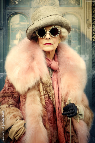 An elderly woman exudes timeless luxury and bold fashion with her fur coat, round sunglasses, and a stylish hat, holding a cane. She embodies vintage glamour with a fierce, confident presence.