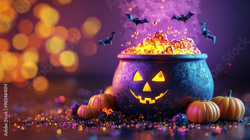 Witch's cauldron with bubbling potion surrounded by pumpkins