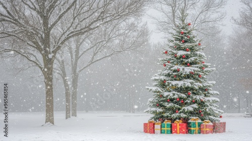 Snow-covered Christmas tree with red ornaments and gifts in a snowy winter park, with snow falling. Traditional winter holiday concept.