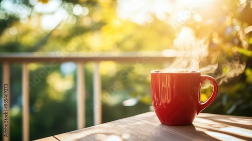 Steaming hot coffee in a red mug, sitting on a sunlit balcony table with a scenic outdoor view.