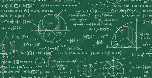 A blackboard with mathematical formulas and seamless curved lines.