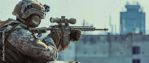 A sniper in tactical gear aims his rifle, blending into an urban environment with buildings in the backdrop.