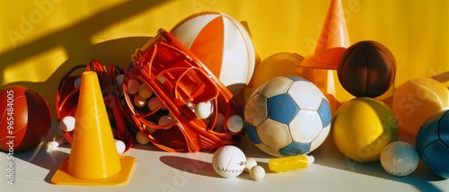 An array of assorted sports balls and cones against a bright, yellow background, creating a cheerful and energetic scene.