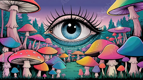 Hallucination scenery of a magic mushrooms landscape with giant eye