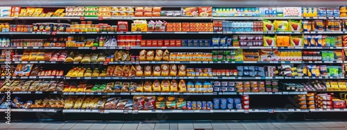 Colorful snacks and beverages on supermarket shelves