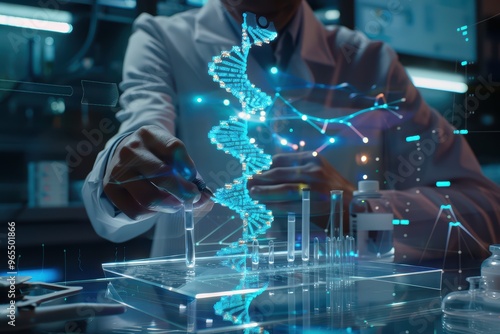 A scientist examines DNA structure in a modern laboratory, showcasing advanced research and technology in genetics.