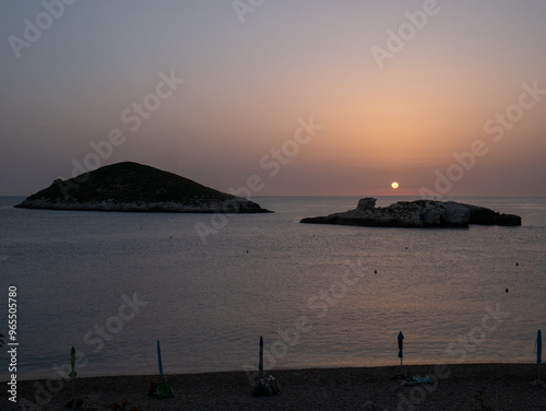 Beautiful sunrise over the Adriatic Sea and Campi island. Baia and Cala Campi, Vieste, Gargano National Park. Italy