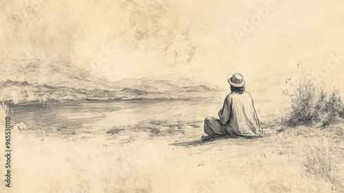 Biblical Illustration: Israelite praying alone in wilderness, dedicating heart to God. Deuteronomy scene, beige background, ideal for Bible wall art.