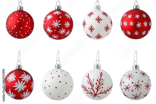 A set of red and white Christmas ornaments featuring stripes, polka dots, hearts, and snowflakes, perfect for festive decor. Isolated on white background.