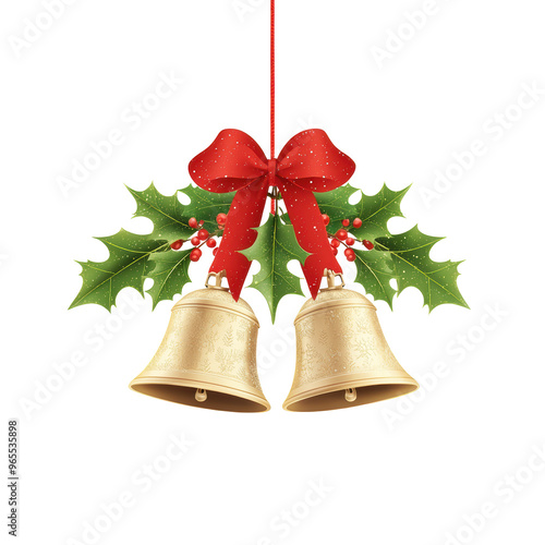 Two golden bells adorned with holly leaves, red berries, and red bows, symbolizing traditional Christmas decorations. Isolated on white background.