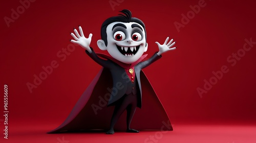 Cheerful cartoon vampire character with a cape and fangs, waving, isolated on a solid crimson red background, soft spotlight with dramatic shadows, 3D render with exaggerated features and glossy