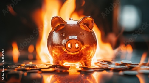 A piggy bank surrounded by flames, with scattered coins, symbolizing financial crises and loss of savings