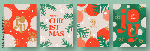 Merry Christmas and Happy New Year greeting card Set. Modern beautiful Xmas design with typography, Christmas tree branches, balls, snowflake pattern. Minimal art banner, poster, cover templates