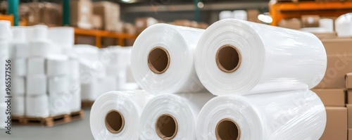 Rolls of polyethylene sheets neatly stacked in a warehouse, industrial packaging focus