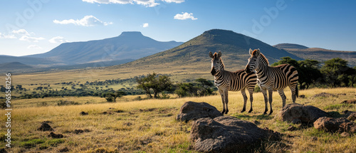 Zebras stand majestically in Kenyan landscape, showcasing their striking stripes against backdrop of rolling hills and clear blue sky. serene environment evokes sense of tranquility and connection to