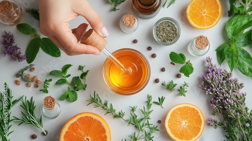 Top view of various herbs, essential oils, and orange slices arranged on a white surface, showcasing natural aromatherapy ingredients.