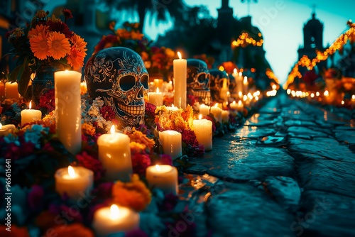 Colorful Día de los Muertos celebration with candles and sugar skulls, Dia de los Muertos advertising, Mexico tourism advertise, copy space for text