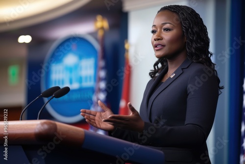 Powerful African American woman speaking at a presidential press briefing