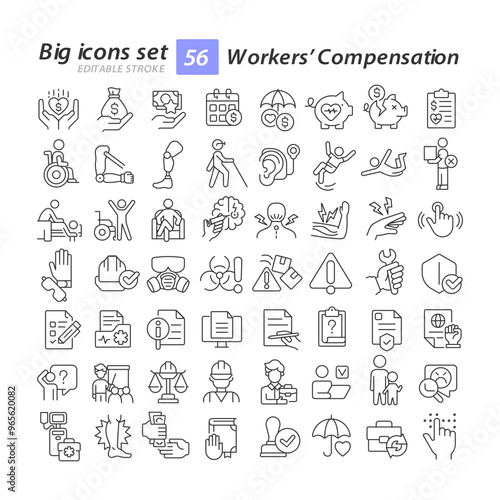 Workers compensation linear icons set. Workplace safety. Medical care. Hospitalization, insurance. Customizable thin line symbols. Isolated vector outline illustrations. Editable stroke