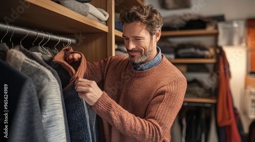 Man selects sweater in his closet. Great for a blog post about fashion or shopping habits.