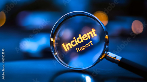 A magnifying glass with the words "Incident Report" on it, set against a blue background. This image represents the idea of investigating and analyzing incidents in a business setting.