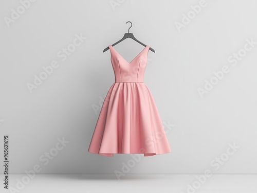 A pastel-colored dress on a sleek metallic hanger, floating in a white void, Minimalist, Abstract, Clean composition, 3D Render