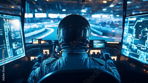 A go-kart driver in high-tech, aerodynamic race gear, in a simulator setup with multiple screens showing the track, bright LED lights and a futuristic environment creating a tech-savvy and immersive