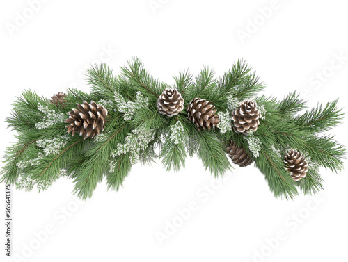 Green pine garland with scattered pinecones, neatly arranged on a white background. PNG transparent.