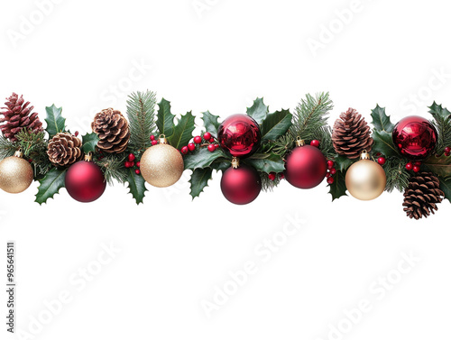 Christmas garland with red and gold ornaments, pinecones, and holly on a white background. PNG transparent.