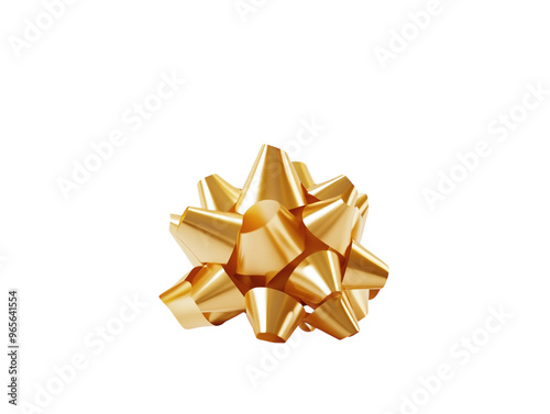 Shiny golden gift bow with textured ribbon loops on a white background. PNG transparent.