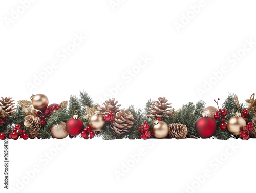 Christmas garland with red and gold baubles, berries, and pinecones on a white background. PNG transparent.