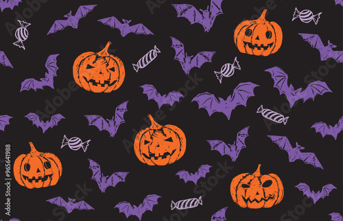 Halloween symbols, pumpkin, bat, candy, pattern, hand drawn illustrations 