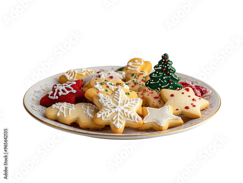 Plate filled with Christmas cookies, including gingerbread men, stars, and trees on a white background. PNG transparent.