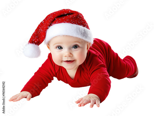 Smiling baby in a red Christmas outfit and Santa hat crawling on a white background. PNG transparent.