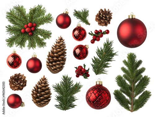 Flat lay of Christmas ornaments, pine cones, and festive decorations arranged on a white background. PNG transparent.