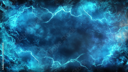 A dramatic scene with realistic lightning, blue smoke, and a glowing turquoise border. The scene is wide and panoramic, creating a mysterious and magical atmosphere.