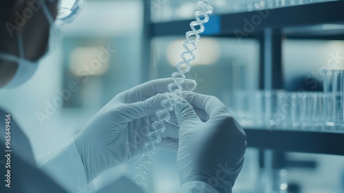 Closeup of scientist hands in gloves holding a DNA strand in a sterile lab environment