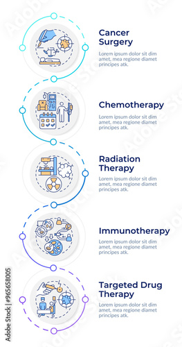 Cancer treatment infographic design template. Surgery, radiotherapy. Chemotherapy session. Data visualization with 5 options. Process vertical flow chart. Montserrat SemiBold, Lato Regular fonts used