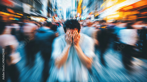 Young man is overwhelmed with anxiety and fear as he covers his face in a busy, crowded street