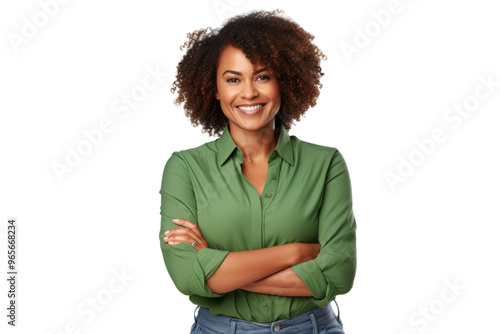 Happy black woman smiling confidently, arms crossed Isolated on white background