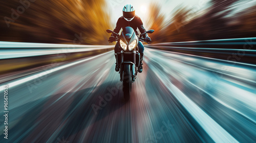 Front view of a motorcyclist racing along a highway at high speed. Biker on a sports motorcycle rides on the road with speed motion blur.