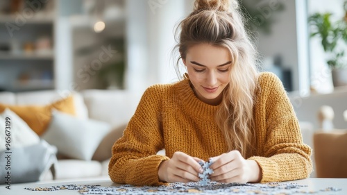 Blonde woman solving a jigsaw puzzle in a cozy living room, surrounded by pieces.