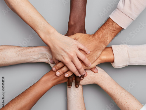 Photo of hands of different skin tones joined together in unity