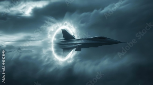 Supersonic Fighter Jet Breaking Sound Barrier with Dramatic Shockwave Ring, High-Speed Motion, and Cloudscape - Awe-Inspiring Aviation Photography