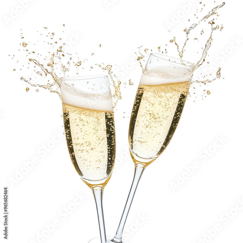 Two champagne glasses clinking with bubbles and splashes, isolated on white. Celebration, New Year, or festive party toast concept. 