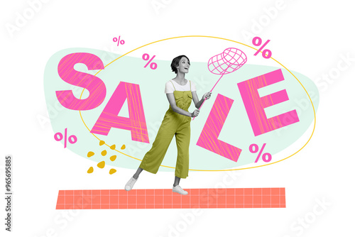 Creative promo poster collage of young excited girl catching percent symbols sale summer season shopaholic isolated on white background