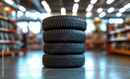 A stack of four tires is displayed in the center of an automotive store, with blurred shelves and displays behind it. 